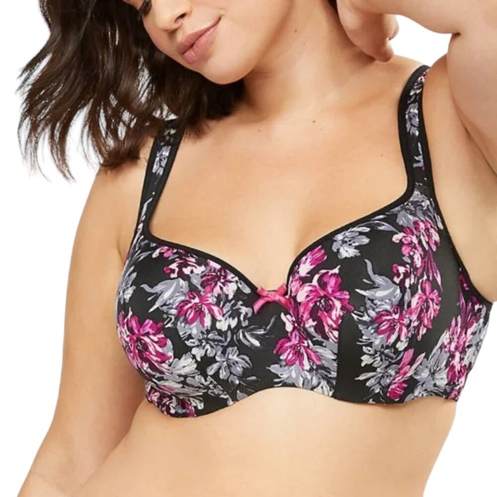 Cacique Smooth Lightly Lined Balconette Bra Black Pink Gray Floral Size 42DD